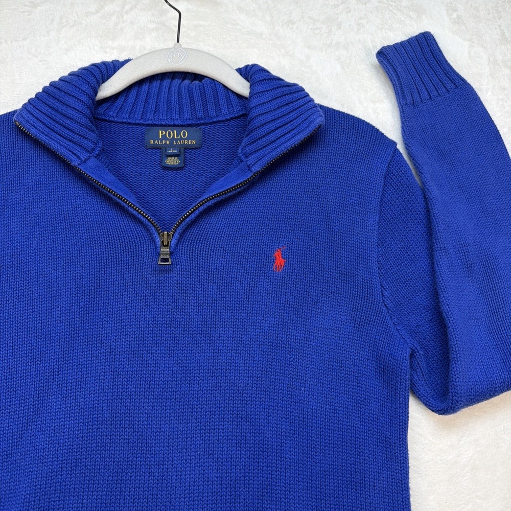 Polo Ralph Lauren Boys Quarter Zip Sweater Blue Knit Pullover Large Pony